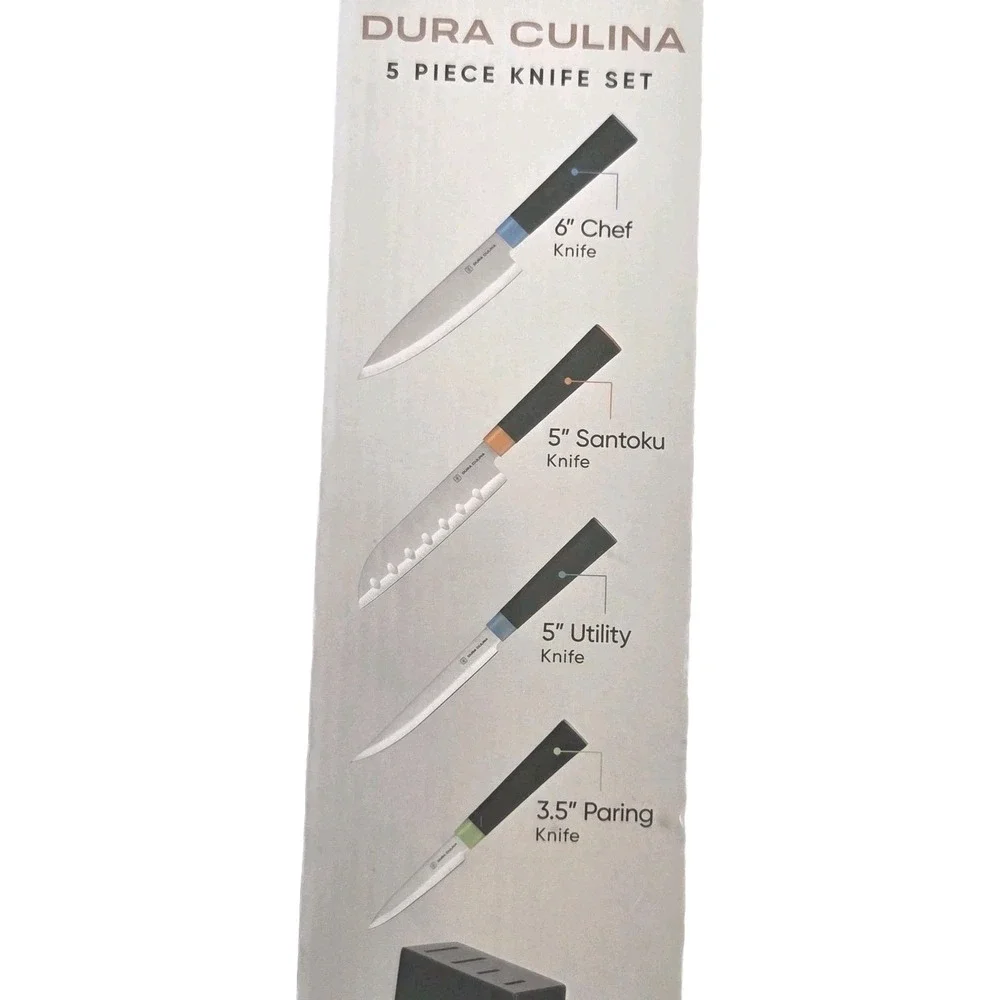 Dura Culina 5pc High Carbon Stainless Steel Kitchen Knife Set Storage Block‎ NEW